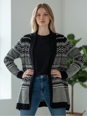 Talbots Black & White Open-Front Nordic Fair Isle Patterned Cardigan EUC SZ SP